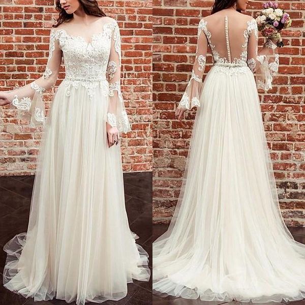 flare long sleeve bohemian wedding dresses a-line 2021 bridal gowns appliques lace see through sheer back boho beach bride dress vestidos br, White
flare long sleeve bohemian wedding dresses a-line 2021 bridal gowns appliques lace see through sheer back boho beach bride dress vestidos br, White