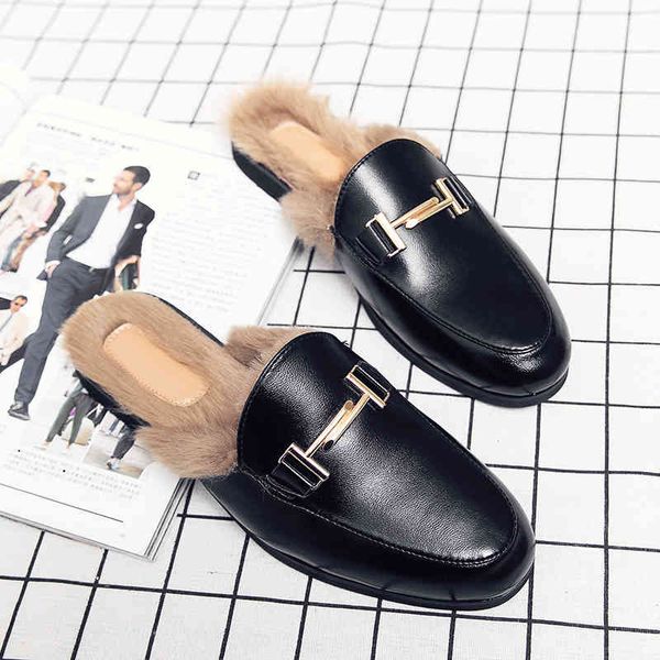 slippers mules black leather shoes men half warm fashion designer luxury zapatillas hombre casual sepatu slip on pria