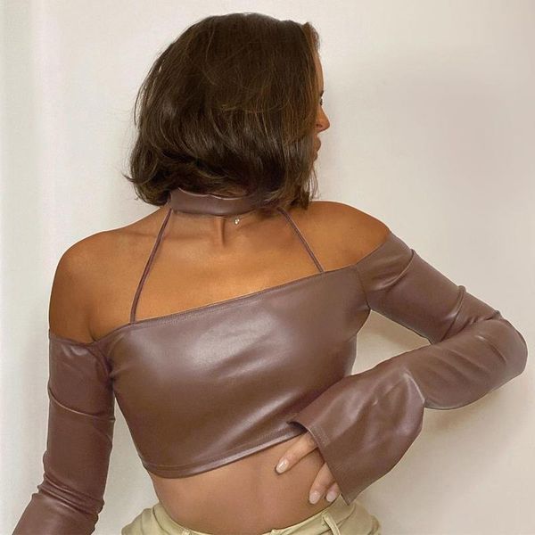 women's t-shirt women long flare sleeve backless cropped female summer fashion clothing 2021 leather pu halter brown crop, White
women's t-shirt women long flare sleeve backless cropped female summer fashion clothing 2021 leather pu halter brown crop, White