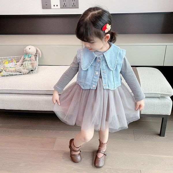 clothing sets 2021 korea spring veil cowboy vest baby dress two-piece children's clothes, White
clothing sets 2021 korea spring veil cowboy vest baby dress two-piece children's clothes, White