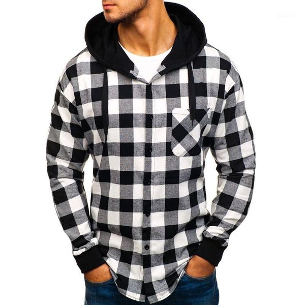 men's fashion plaid hooded long sleeve shirt trendy large size casual shirts, White;black
men's fashion plaid hooded long sleeve shirt trendy large size casual shirts, White;black