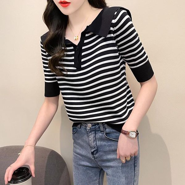 women's t-shirt ice silk knitwear summer 2021 design loose stripe navy style lapel short sleeve dress women, White
women's t-shirt ice silk knitwear summer 2021 design loose stripe navy style lapel short sleeve dress women, White