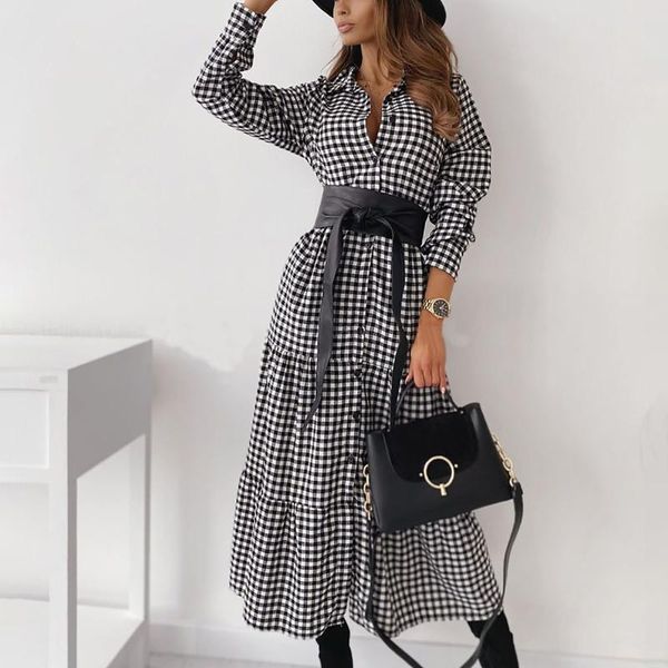 casual dresses autumn long sleeve plaid shirt dress women buttoned turn down collar belt tie up high waist elegant maxi vestidos, Black;gray
casual dresses autumn long sleeve plaid shirt dress women buttoned turn down collar belt tie up high waist elegant maxi vestidos, Black;gray