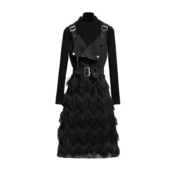 spring autumn women suit super knitting shirt tall waist splicing black tassel straps dress two-piece clothing set 210330, White
spring autumn women suit super knitting shirt tall waist splicing black tassel straps dress two-piece clothing set 210330, White