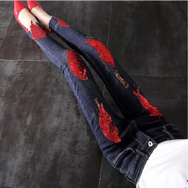autumn fashion embroidery women ripped jeans hole sequined denim skinny women's, Blue
autumn fashion embroidery women ripped jeans hole sequined denim skinny women's, Blue