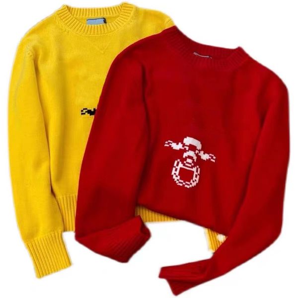 spring luxury designer prad womens sweater yellow red letter jacquard round neck loose wool knit sweater, White;black
spring luxury designer prad womens sweater yellow red letter jacquard round neck loose wool knit sweater, White;black