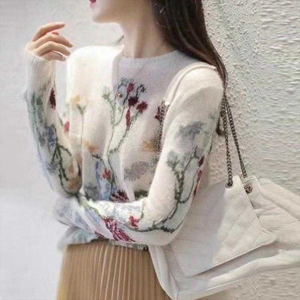 korean chic o neck womens sweater long sleeve women vintage flower embroidery mohair female pullovers office lady elegant jumper femme, White;black 
korean chic o neck womens sweater long sleeve women vintage flower embroidery mohair female pullovers office lady elegant jumper femme, White;black
