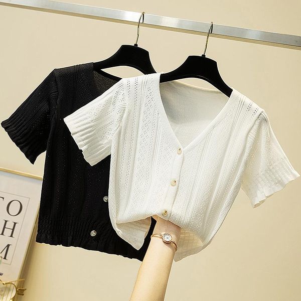 summer knitted t-shirt women hollow black white tshirts woman casual korean button v neck short thintee shirt femme women's 
summer knitted t-shirt women hollow black white tshirts woman casual korean button v neck short thintee shirt femme women's