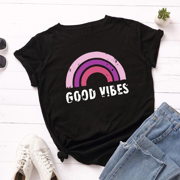 women short sleeve cotton t-shirts good vibes rainbow print graphic tees summer for female casual oversized clothes women's t-shirt, White
women short sleeve cotton t-shirts good vibes rainbow print graphic tees summer for female casual oversized clothes women's t-shirt, White
