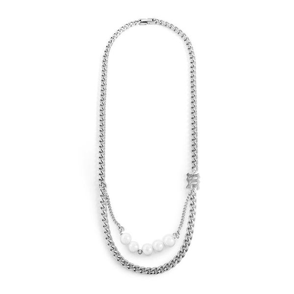 chains simple personality wild punk titanium steel retro pearl double-layer necklace cuban hip-hop trend street lovers gift jewelry, Silver 
chains simple personality wild punk titanium steel retro pearl double-layer necklace cuban hip-hop trend street lovers gift jewelry, Silver