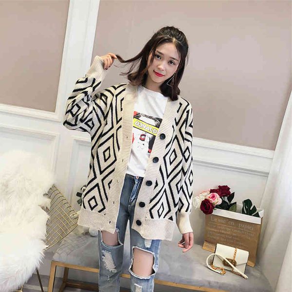 women's sweaters autumn winter geometry loose sweater women jacket korean style single-breasted long knitted cardigan female q3of, White;black
women's sweaters autumn winter geometry loose sweater women jacket korean style single-breasted long knitted cardigan female q3of, White;black