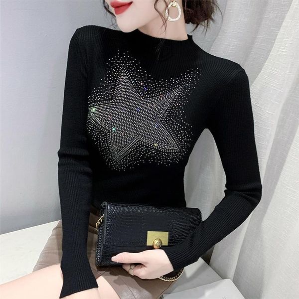 women's sweaters #6594 black white womens half high collar basic sweater knitwear with diamonds stretch ladies korean style, White;black
women's sweaters #6594 black white womens half high collar basic sweater knitwear with diamonds stretch ladies korean style, White;black