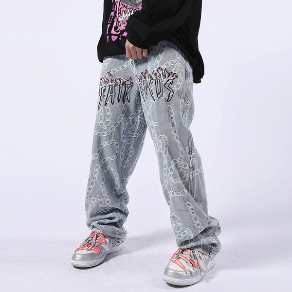 men's jeans harajuku flame letter embroidery chain ripped pants for men and women vibe style washed oversize casual denim trousers, Blue
men's jeans harajuku flame letter embroidery chain ripped pants for men and women vibe style washed oversize casual denim trousers, Blue