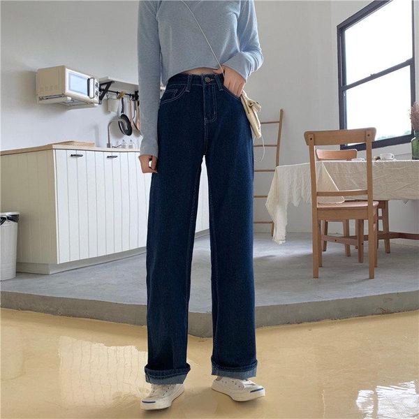 casual slender all match trousers streetwear large size straight high waist students fresh light washed women's jeans, Blue
casual slender all match trousers streetwear large size straight high waist students fresh light washed women's jeans, Blue