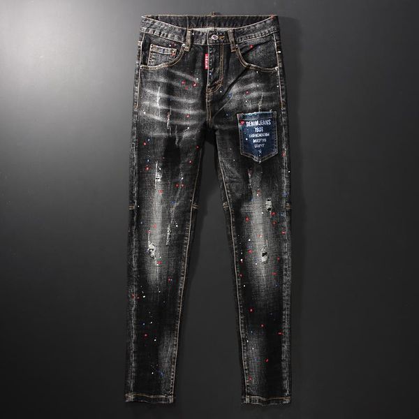 men's jeans ly streetwear fashion men retro elastic slim ripped patch pocket painted designer hip hop denim pencil pants, Blue
men's jeans ly streetwear fashion men retro elastic slim ripped patch pocket painted designer hip hop denim pencil pants, Blue