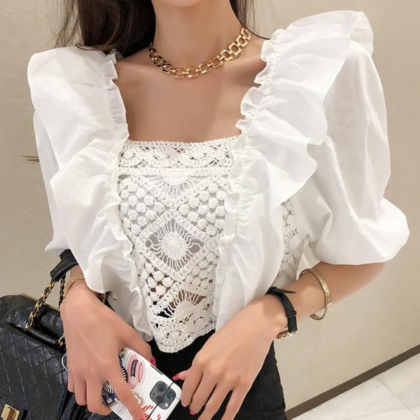 women's blouses & shirts korean lace summer hollow out crochet patchwork ruffles blouse puff short sleeve shirt tees, White
women's blouses & shirts korean lace summer hollow out crochet patchwork ruffles blouse puff short sleeve shirt tees, White