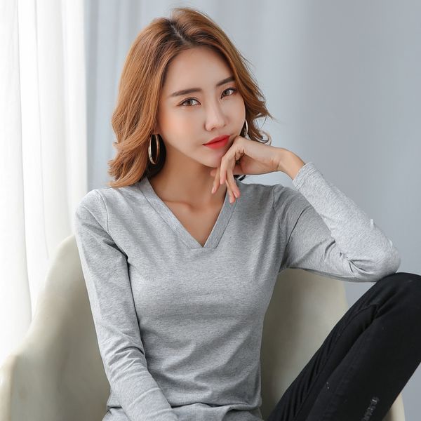 women t-shirt long sleeve spring autumn cotton pullover solid base tees thin elastic casual v-neck tight t-shirts 210423, White
women t-shirt long sleeve spring autumn cotton pullover solid base tees thin elastic casual v-neck tight t-shirts 210423, White