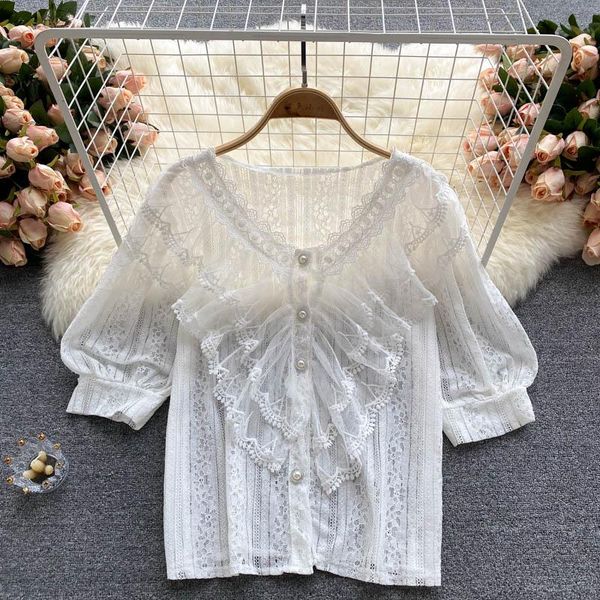 women's blouses & shirts 2021 summer sweet lace blouse female v-neck puff sleeve ruffled blusa slim shirt df035, White
women's blouses & shirts 2021 summer sweet lace blouse female v-neck puff sleeve ruffled blusa slim shirt df035, White