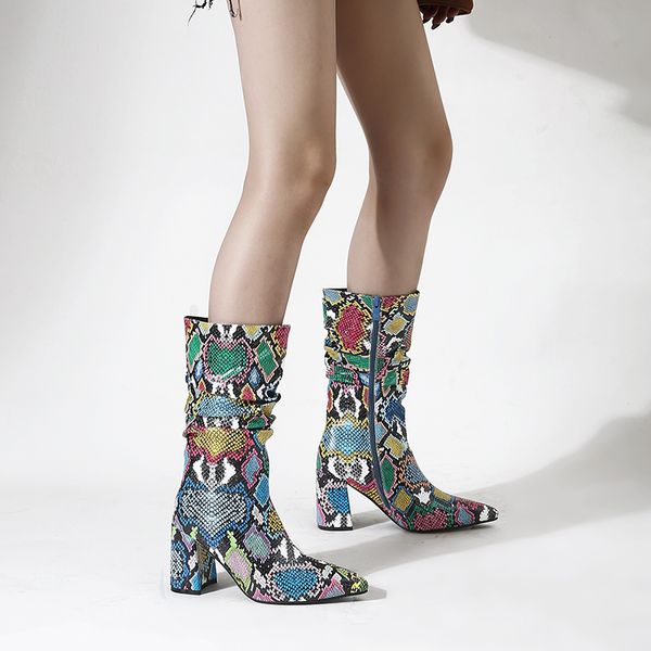 2021 autumn colorful snake skin boots women high heels thick mid-calf boot distressed pointed toe zip shoe pleated boots slouch, Black
2021 autumn colorful snake skin boots women high heels thick mid-calf boot distressed pointed toe zip shoe pleated boots slouch, Black