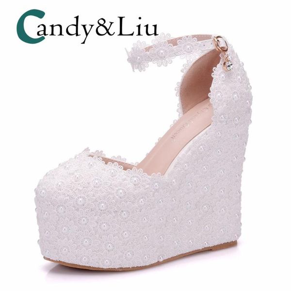 white pearl lace wedding shoe beaded wedges super high heel round toe appliques women sandals with platform for party banquet, Black
white pearl lace wedding shoe beaded wedges super high heel round toe appliques women sandals with platform for party banquet, Black