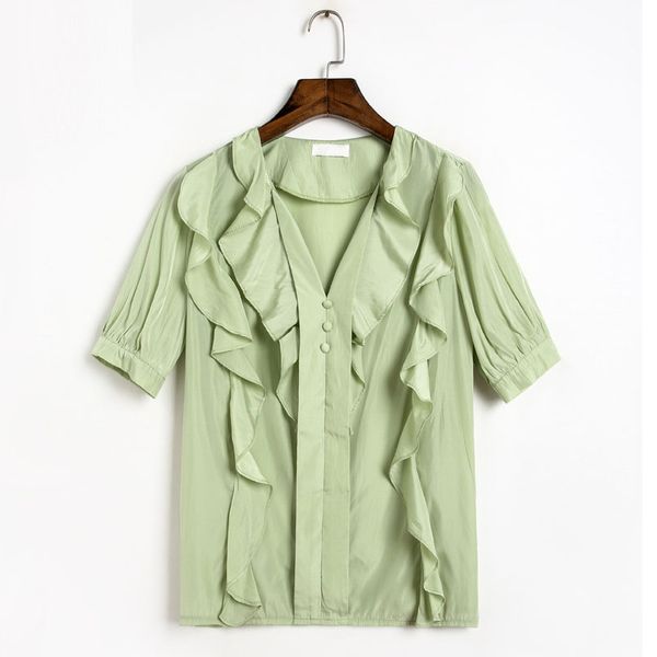 light green white v neck solid ruffle button chiffon shirt short sleeve summer casual elegant women b0623 210514
light green white v neck solid ruffle button chiffon shirt short sleeve summer casual elegant women b0623 210514