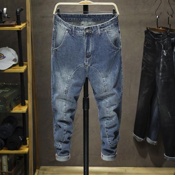 men's jeans fashion personality stitching down pants loose high waist denim trousers micro-elastometer bottoms, Blue
men's jeans fashion personality stitching down pants loose high waist denim trousers micro-elastometer bottoms, Blue