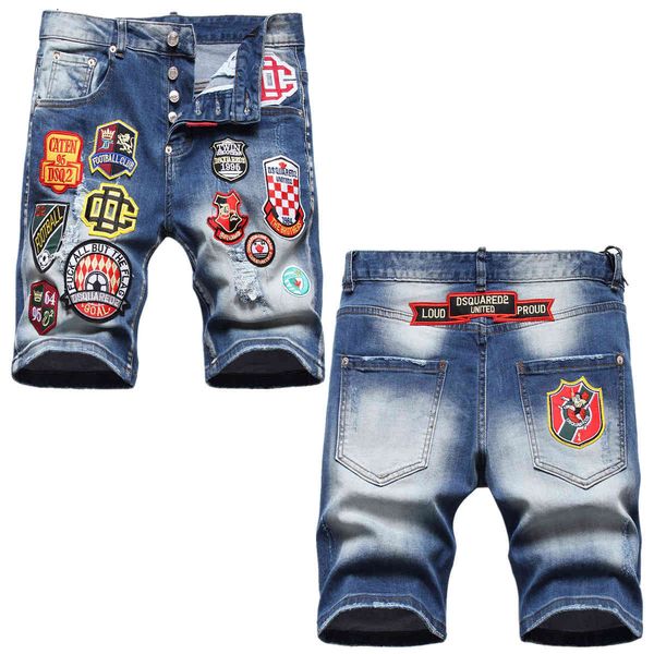 jeans 2021 summer perforated stretch embroidered multi badge football team theme d2 5-point men's pants, Blue
jeans 2021 summer perforated stretch embroidered multi badge football team theme d2 5-point men's pants, Blue