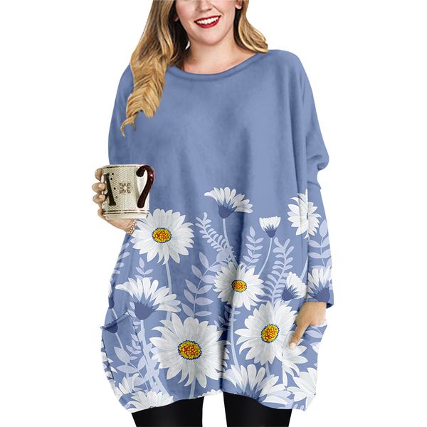 spring and autumn white daisy pattern long pocket t-shirt plus size female element round neck dress, Black;gray
spring and autumn white daisy pattern long pocket t-shirt plus size female element round neck dress, Black;gray