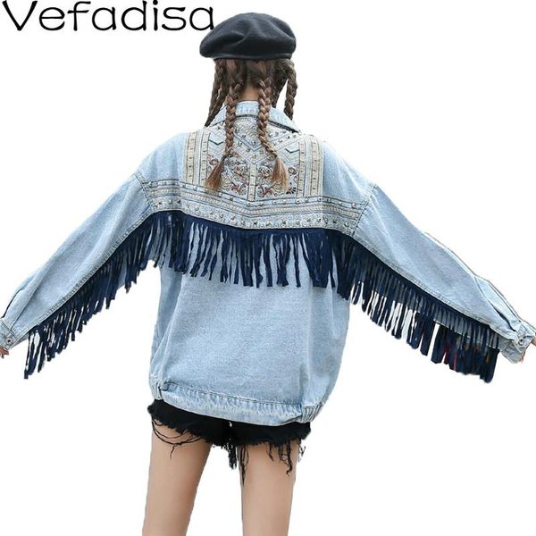 women's jackets vefadisa embroidery tassel denim jacket rivet decoration women coat 2021 autumn casual loose qyf3696, Black;brown 
women's jackets vefadisa embroidery tassel denim jacket rivet decoration women coat 2021 autumn casual loose qyf3696, Black;brown