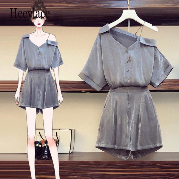 women's tracksuits plus size women summer korean two piece set for slash neck blouse and elastic waist shorts ladies solid, Gray
women's tracksuits plus size women summer korean two piece set for slash neck blouse and elastic waist shorts ladies solid, Gray