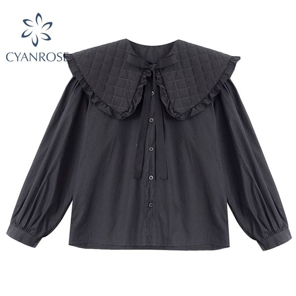 black women's blouse long sleeve single breasted big peter pan collar lace up deisgn shirt female spring vintage gothic 210417, White
black women's blouse long sleeve single breasted big peter pan collar lace up deisgn shirt female spring vintage gothic 210417, White