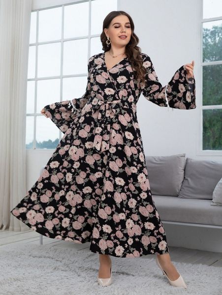 plus floral print tassel trim flounce sleeve belted dress w0rv#, Black
plus floral print tassel trim flounce sleeve belted dress w0rv#, Black