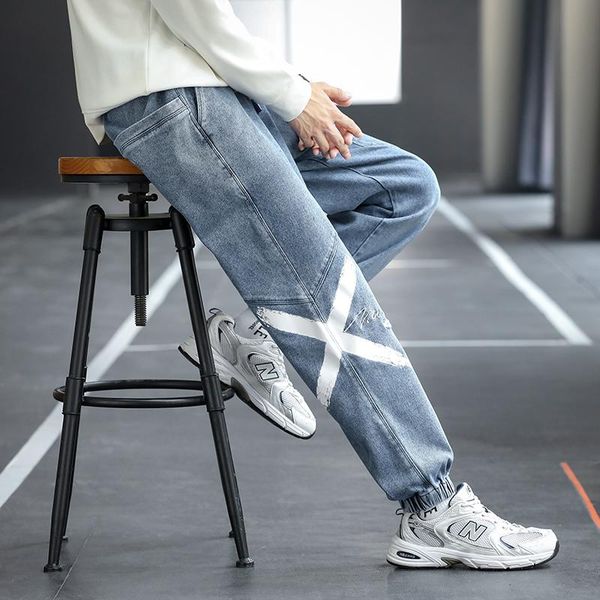 men's jeans individuality men trousers loose pants style brand korean casual trendy student pant stitching elastic waist, Blue
men's jeans individuality men trousers loose pants style brand korean casual trendy student pant stitching elastic waist, Blue