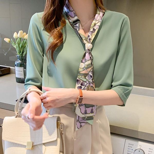 women's blouses & shirts elegant ribbon printed blusa half sleeve patchwork summer satin workwear ol blouse, White
women's blouses & shirts elegant ribbon printed blusa half sleeve patchwork summer satin workwear ol blouse, White
