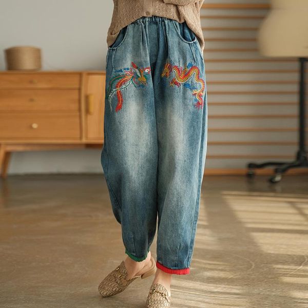 women's jeans chinese style embroidery dragon pattern harem pants women vintage washed 2021 summer loose denim trousers elastic waist, Blue
women's jeans chinese style embroidery dragon pattern harem pants women vintage washed 2021 summer loose denim trousers elastic waist, Blue