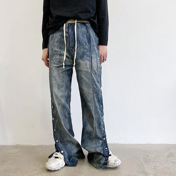men's jeans streetwear fashion wide leg 2021 autumn side breasted button drawstring high waist vintage denim trousers, Blue
men's jeans streetwear fashion wide leg 2021 autumn side breasted button drawstring high waist vintage denim trousers, Blue