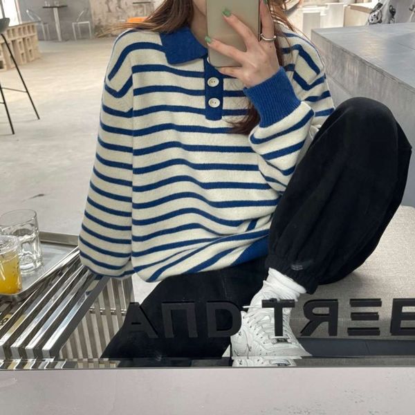 college style striped sweater loose outer wear autumn slim polo collar top, White;black
college style striped sweater loose outer wear autumn slim polo collar top, White;black