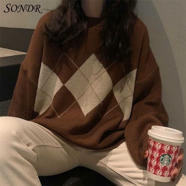 women argyle knitted sweater autumn winter o-neck oversized pullovers korean preppy style loose jumper female casual sweaters 211218, White;black
women argyle knitted sweater autumn winter o-neck oversized pullovers korean preppy style loose jumper female casual sweaters 211218, White;black