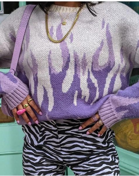 women's sweaters autumn and winter style 2021 purple flame pattern loose casual round neck pullover sweater, White;black
women's sweaters autumn and winter style 2021 purple flame pattern loose casual round neck pullover sweater, White;black