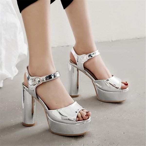 shiny punk women gothic sandals chunky round high heels peep toe ankle strap party dress nightclub ladies shoes silver, Black