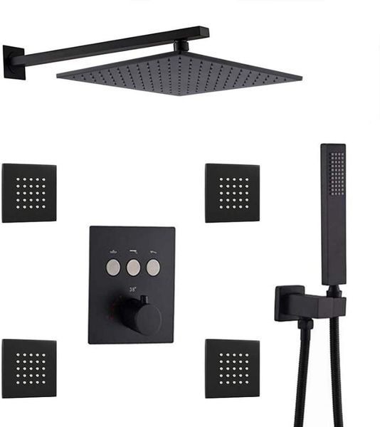 thermostatic wall mounted brass square 12 inch rainfall shower system,with 4 pcs body spray,matte black finish bathroom sets
thermostatic wall mounted brass square 12 inch rainfall shower system,with 4 pcs body spray,matte black finish bathroom sets
