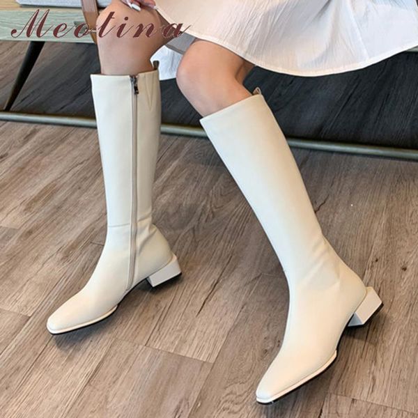 boots meotina real leather mid heel knee-high women riding shoes square toe chunky heels zip long autumn winter 401, Black