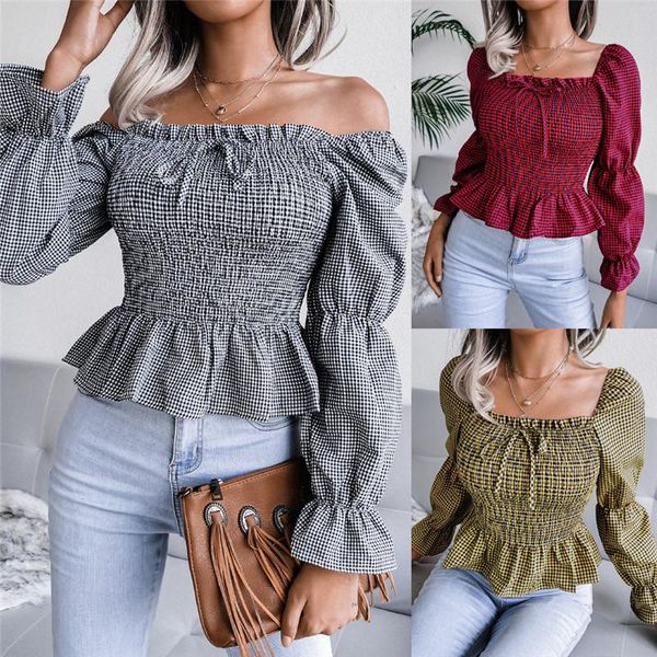 women's blouses & shirts plaid print shrinkage ruffles slash neck flare sleeve blouse women clothing 2021 casual blusas femme, White
women's blouses & shirts plaid print shrinkage ruffles slash neck flare sleeve blouse women clothing 2021 casual blusas femme, White