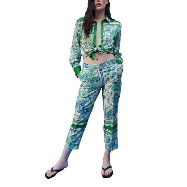 casual shirt and pants set for women outfit vintage floral print blouse female street slim sets 210525, White 
casual shirt and pants set for women outfit vintage floral print blouse female street slim sets 210525, White