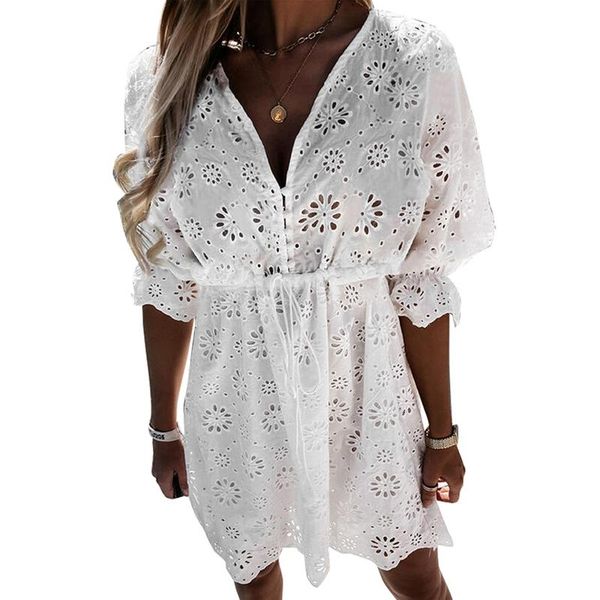 casual dresses 2021 women summer floral hollow out dress half sleeve deep v-neck middle waistline short, Black;gray
casual dresses 2021 women summer floral hollow out dress half sleeve deep v-neck middle waistline short, Black;gray