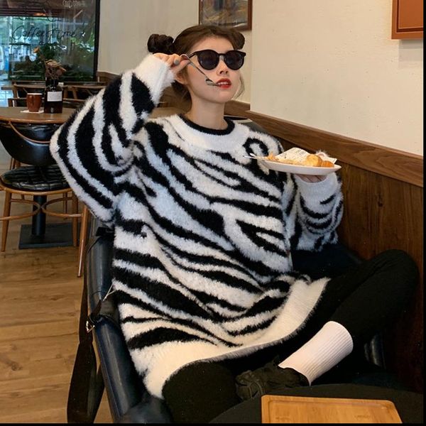 harajuku zebra stripe autumn winter womens sweater mohair thick knitted pullovers loose round collar girl oversize jumpers, White;black
harajuku zebra stripe autumn winter womens sweater mohair thick knitted pullovers loose round collar girl oversize jumpers, White;black