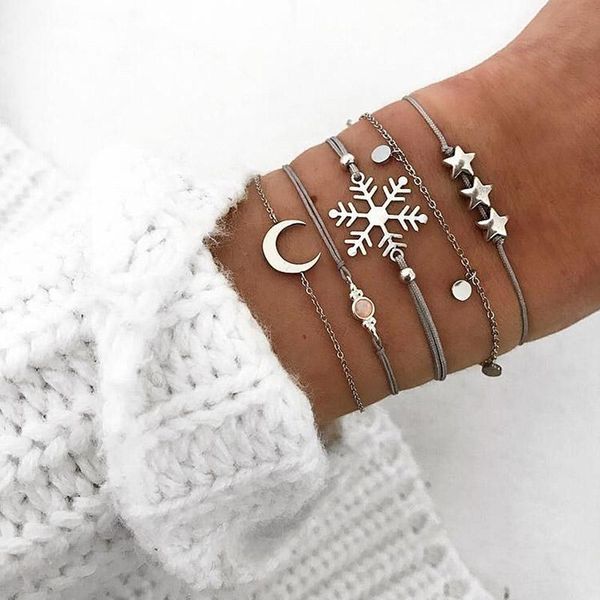 link, chain 5 pcs/set style snowflake bracelets sets for women girls 2021 silver color moon star opal wedding gift jewelry, Black
link, chain 5 pcs/set style snowflake bracelets sets for women girls 2021 silver color moon star opal wedding gift jewelry, Black