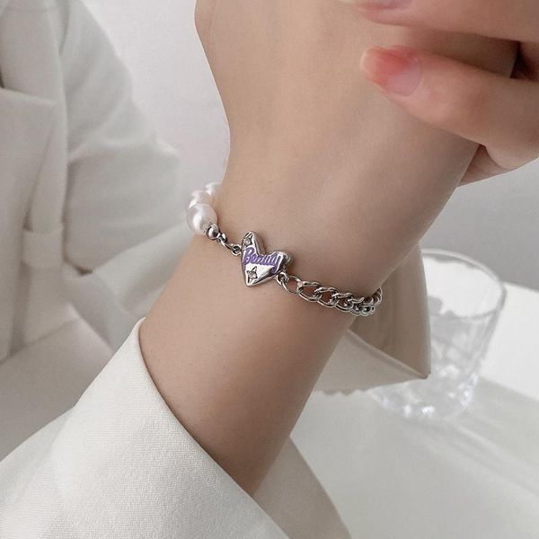 

charm bracelets u-magical fashion asymmetric love heart for women textured beaded imitation pearl chunky chain jewelry, Golden;silver