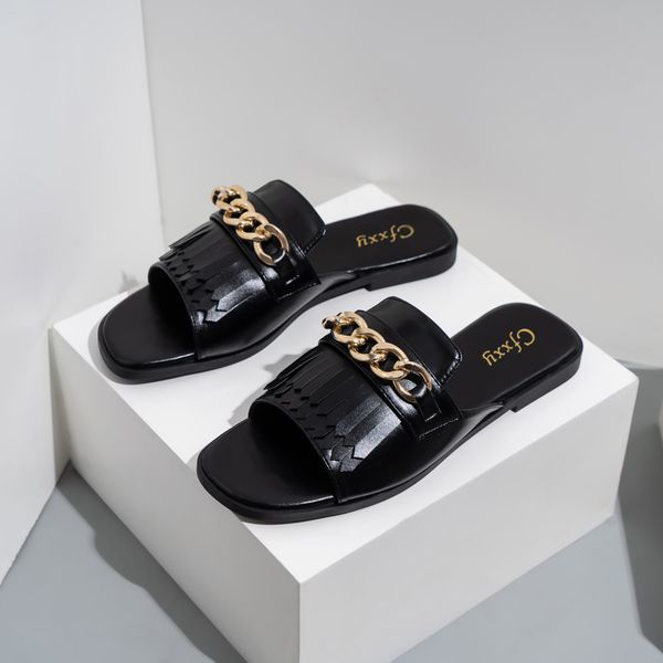2021 metal chain flip-flops with tassel pu solid color casual slipper cfxxy-98 02, Black
2021 metal chain flip-flops with tassel pu solid color casual slipper cfxxy-98 02, Black