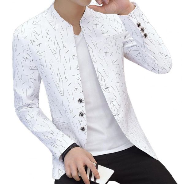 men's suits & blazers 2021 stylish men blazer vintage print korean style spring autumn stand collar fake pockets buttons for business, White;black
men's suits & blazers 2021 stylish men blazer vintage print korean style spring autumn stand collar fake pockets buttons for business, White;black